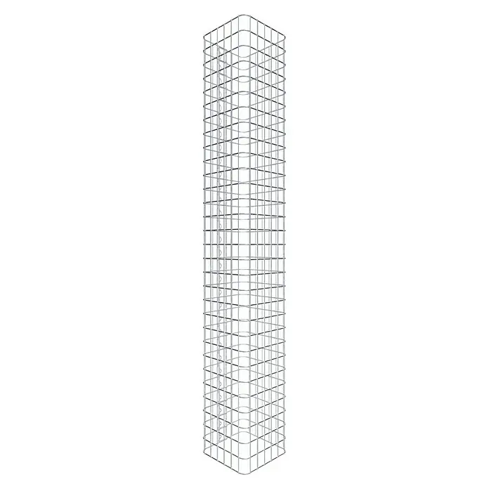 Gabiona Gabionensäule - 32 x 32 x 150 cm, Stahl, Maschenbreite: 50 mm, Maschenhöhe: 50 mm - Ein hoch aufragendes, transparentes Gebäudemodell, das eine innovative Rahmenstruktur mit offenen Flächen und metallischen Verbindungen präsentiert.