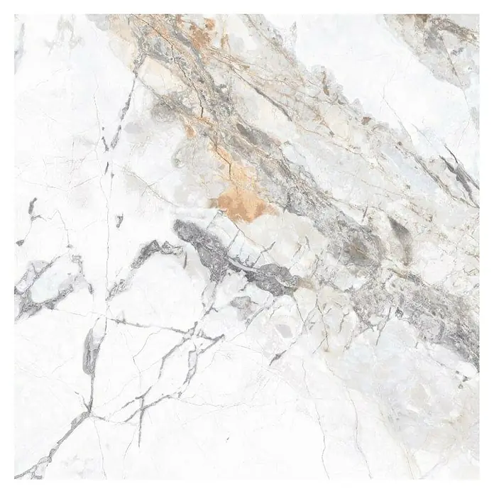 Feinsteinzeugfliese Marble Visage - 60 x 60 cm, Weiß/Grau/Gold, Glänzend - Nahaufnahme einer eleganten Marmorfliese mit komplexen grauen und goldenen Adern auf weißem Grund, ideal für luxuriöse Innenräume.