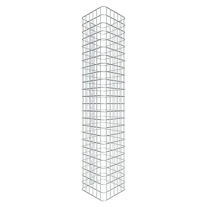 Gabiona Gabionensäule - 32 x 32 x 120 cm, Stahl, Maschenbreite: 50 mm, Maschenhöhe: 50 mm - Detailaufnahme eines silbernen, würfelförmigen Stahlgerüsts eines Hochhauses, das durch seine filigrane Bauweise besticht.