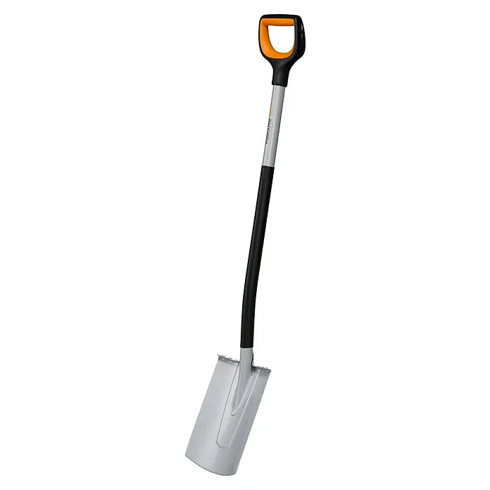 Fiskars Xact Gärtnerspaten - Arbeitsbreite: 19,2 cm, Blattform: Rund, Länge: 1,2 m - Silberner Fiskars-Spaten mit orangefarbenem Griff und schwarzem Schaft, ideal für Gartenarbeiten und zum Umgraben von Erde.