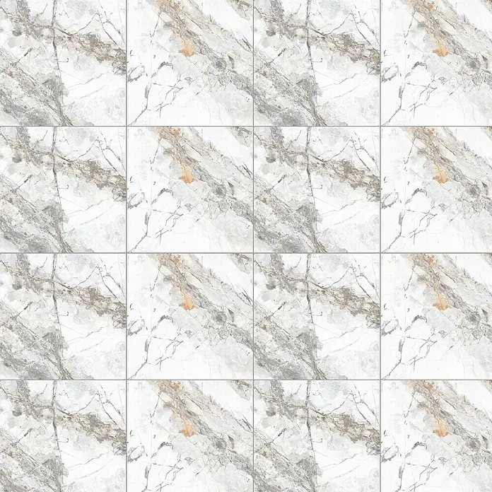 Feinsteinzeugfliese Marble Visage - 60 x 60 cm, Weiß/Grau/Gold, Glänzend - Nahaufnahme von sechzehn weißen Marmorfliesen mit grauen und braunen Maserungen, die ein elegantes und modernes Design erzeugen.