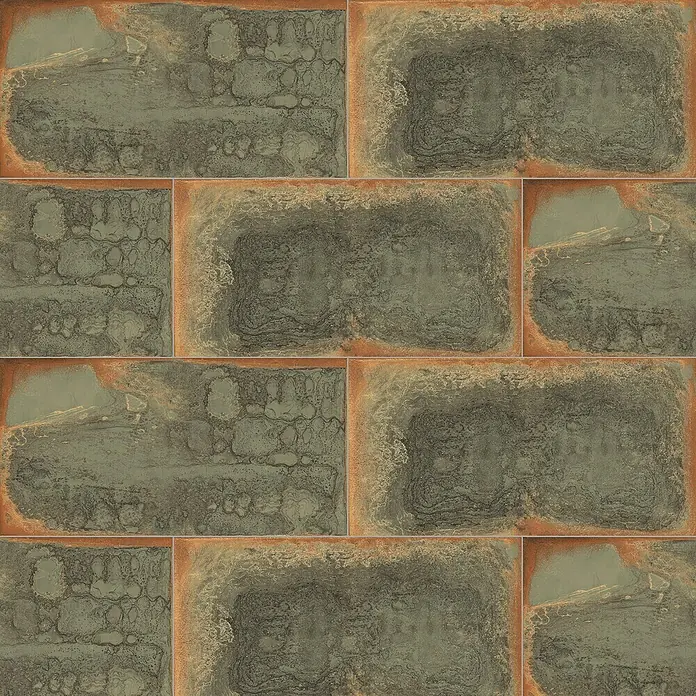 Feinsteinzeugfliese Oxyde - 60 x 120 cm, Grün, Glänzend - Nahaufnahme von rustikalen Wandfliesen in Braun- und Grautönen, die eine interessante Textur und Optik bieten.