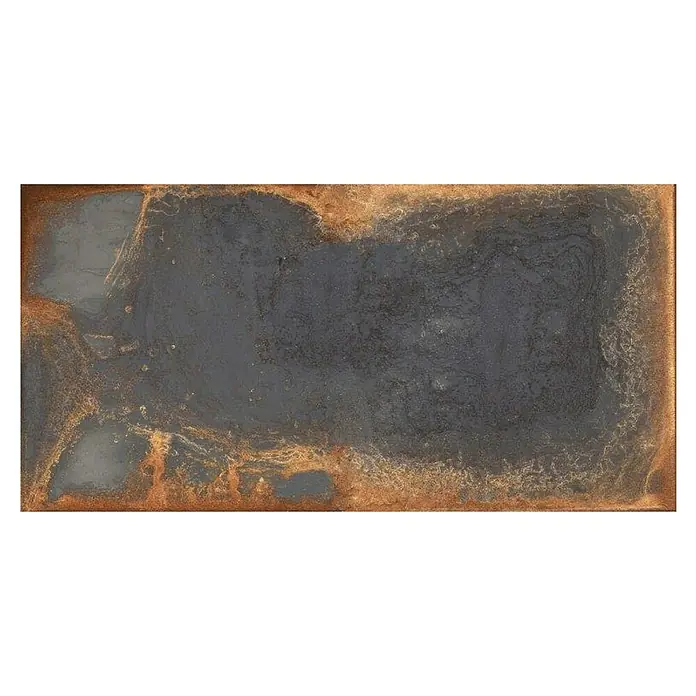 Feinsteinzeugfliese Oxyde - 60 x 120 cm, Anthrazit, Glänzend - Das Bild zeigt eine Texturplatte mit dunklen, fast schwarzen und braunen Farbtönen, die eine rustikale und natürliche Oberfläche erzeugt.