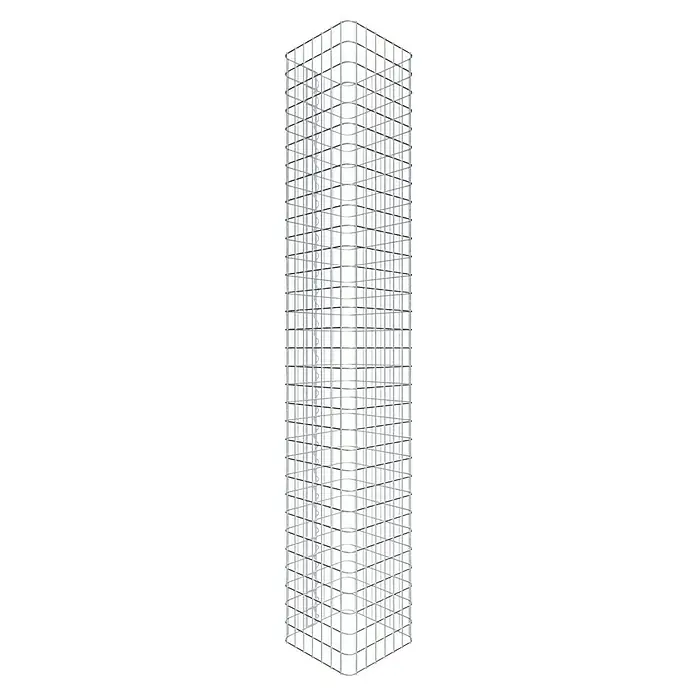 Gabiona Gabionensäule - 37 x 37 x 160 cm, Stahl, Maschenbreite: 50 mm, Maschenhöhe: 50 mm, Spirale - Darstellung eines Gitterturms. Das architektonische Design besteht aus sich kreuzenden, silbernen Metallstäben, die einen transparenten, hoch aufragenden Rahmen bilden.