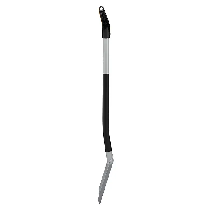 Fiskars Xact Gärtnerspaten - Arbeitsbreite: 19,2 cm, Blattform: Spitz, Länge: 1,2 m - Nahaufnahme einer manuellen hydraulischen Astschere mit silbernem Schaft, schwarzem Griff und orangefarbenem Detail am Kopf für den Baumschnitt.