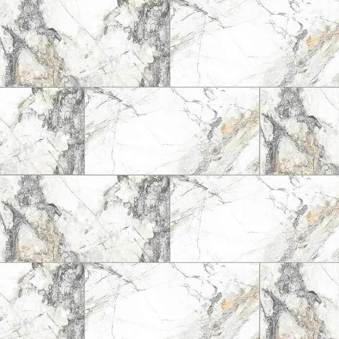 Feinsteinzeugfliese Marble Visage - 60 x 120 cm, Weiß/Grau, Glänzend - Eine Nahaufnahme von weißen Marmorfliesen mit grauen und goldenen Akzenten, die ein elegantes und luxuriöses Erscheinungsbild vermitteln.