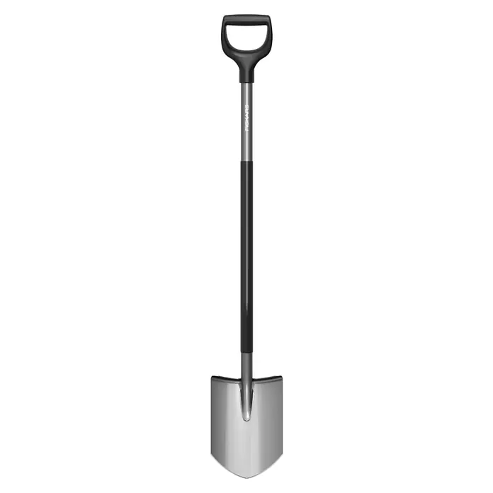 Fiskars Ergonomic Gärtnerspaten - Spitz, 1,25 m - Spaten, ein Werkzeug zum Graben und Bewegen von Erde, mit einem D-förmigen Griff und einem robusten, silberfarbenen Blatt.