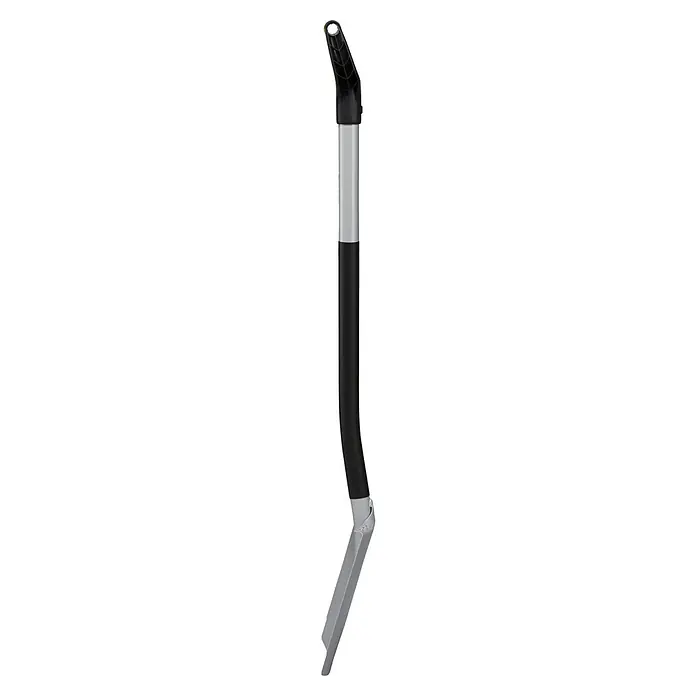 Fiskars Xact Gärtnerspaten - Arbeitsbreite: 19,2 cm, Blattform: Rund, Länge: 1,2 m - Ein länglicher, silberner Stab mit einem schwarzen Griff in der Mitte und einem Kammaufsatz oben, sowie einer silbernen Fußstütze unten.