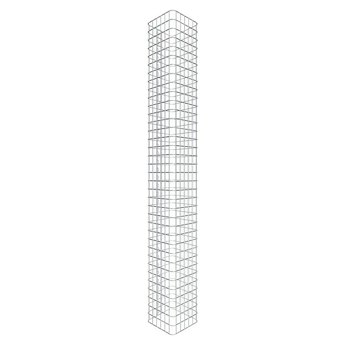 Gabiona Gabionensäule - 32 x 32 x 180 cm, Stahl, Maschenbreite: 50 mm, Maschenhöhe: 50 mm - Ansicht eines hoch aufragenden, skelettartigen Turms mit sich wiederholenden rechteckigen Öffnungen, der eine moderne Architektur aufweist.