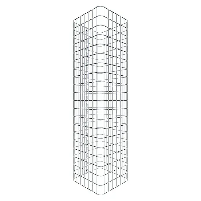Gabiona Gabionensäule - 37 x 37 x 100 cm, Stahl, Maschenbreite: 50 mm, Maschenhöhe: 50 mm - Ein hoch aufragendes, silberfarbenes Stahlgerüst, das an ein modernes Gebäude erinnert. Das präzise geometrische Design fesselt den Blick.