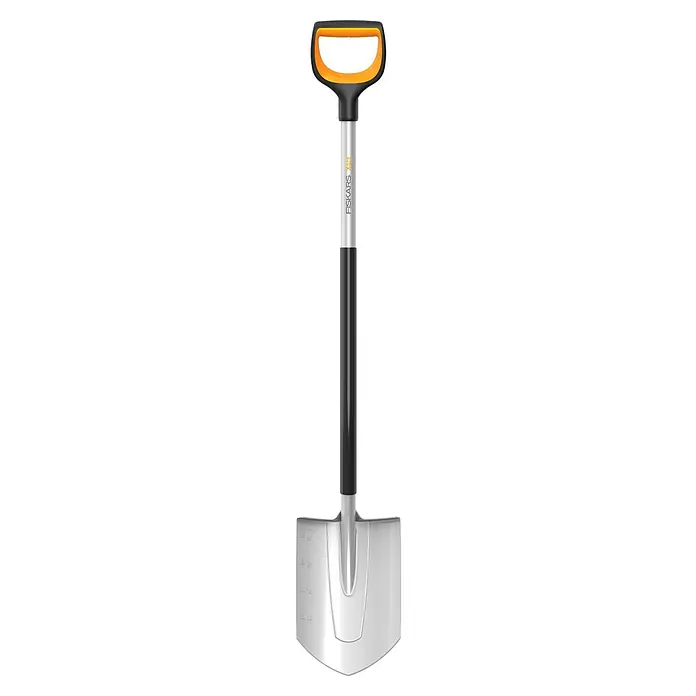 Fiskars Xact Gärtnerspaten - Arbeitsbreite: 19,2 cm, Blattform: Spitz, Länge: 1,2 m - Abbildung eines Fiskars Solid Spatens mit D-Griff und einer silbernen Klinge, ideal für Gartenarbeiten und zum Umgraben von Böden.