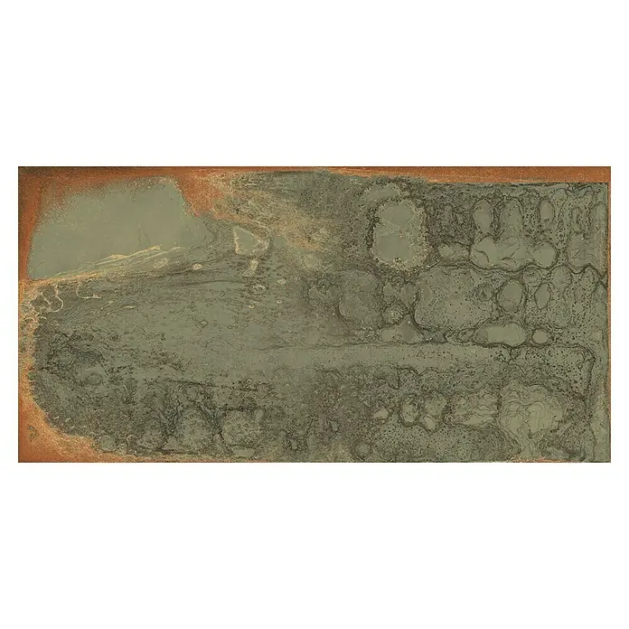 Feinsteinzeugfliese Oxyde - 60 x 120 cm, Grün, Glänzend - Texturierte Bodenfliese in verschiedenen Grautönen mit einem Hauch von Rostfarben an den Rändern. Ideal für moderne und rustikale Innenräume.
