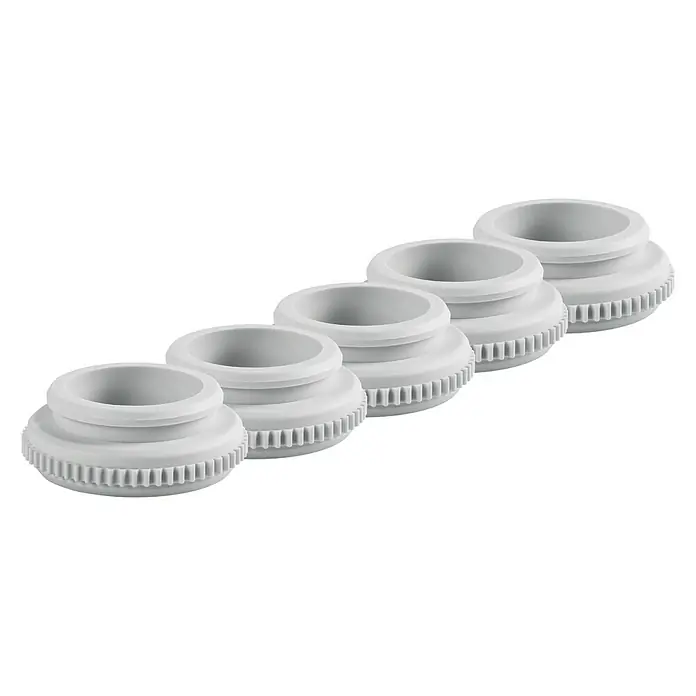 Homematic IP Ventiladapter EQ3-ADA-VA80 - 5 Stk. - Fünf graue Poolschlauchadapter in einer Reihe, die eine sichere und dichte Verbindung gewährleisten.