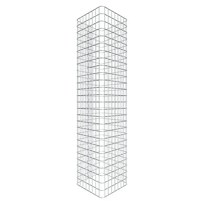 Gabiona Gabionensäule - 42 x 42 x 130 cm, Stahl, Maschenbreite: 50 mm, Maschenhöhe: 50 mm - Illustration eines silbernen, rechteckigen und quaderförmigen Drahtgestells, das ein modernes und minimalistisches Design aufweist.