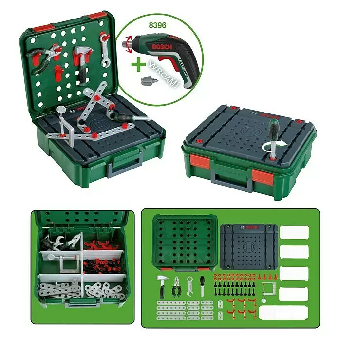 Klein Bosch Kinder-Werkbankkoffer Ixolino II - L x B x H: 360 x 385 x 430 mm - Grüner Bosch Spielzeugwerkzeugkoffer und Werkbank-Set mit Werkzeugen, Bauteilen und Spielzeugbohrmaschine, offen und geschlossen gezeigt.