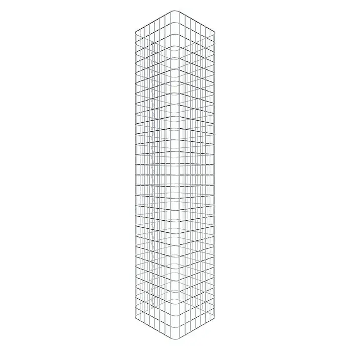 Gabiona Gabionensäule - 42 x 42 x 140 cm, Stahl, Maschenbreite: 50 mm, Maschenhöhe: 50 mm - Dreidimensionale Darstellung eines leeren Lagerregals aus Metall mit vielen Fächern auf schwarzem Hintergrund.