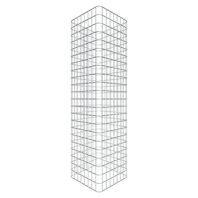 Gabiona Gabionensäule - 42 x 42 x 110 cm, Stahl, Maschenbreite: 50 mm, Maschenhöhe: 50 mm - Struktur aus Aluminiumprofilen: Detailaufnahme eines Turms aus silberfarbenen Aluminiumprofilen, die eine robuste, aber dennoch luftige Konstruktion bilden.
