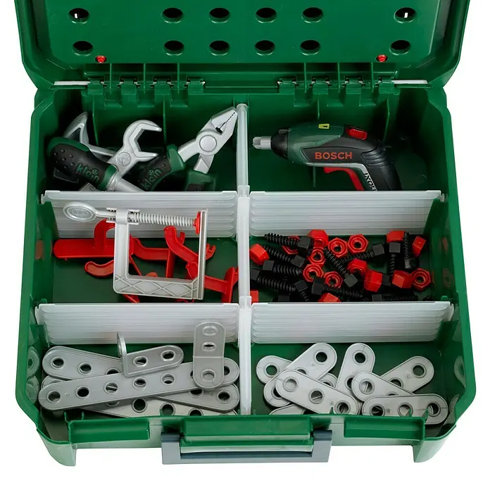 Klein Bosch Kinder-Werkbankkoffer Ixolino II - L x B x H: 360 x 385 x 430 mm - Ein grüner Spielzeugwerkzeugkasten, geöffnet, mit verschiedenen Werkzeugen wie Schraubenziehern und Schraubenschlüsseln, ideal für Kinder.
