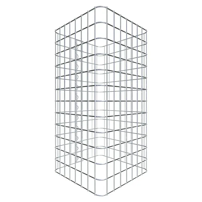 Gabiona Gabionensäule - 42 x 42 x 60 cm, Stahl, Maschenbreite: 50 mm, Maschenhöhe: 50 mm - Ein silberfarbener, würfelförmiger Käfig aus Metallrohren mit abgerundeten Ecken, der einen spiralförmigen Gegenstand enthält.