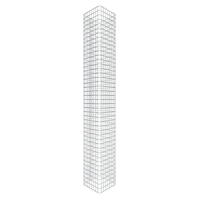 Gabiona Gabionensäule - 42 x 42 x 210 cm, Stahl, Maschenbreite: 50 mm, Maschenhöhe: 50 mm - Perspektivische Aufnahme eines hoch aufragenden Bürogebäudes mit einer filigranen, rasterartigen Fassade und dunklen Fensteröffnungen.