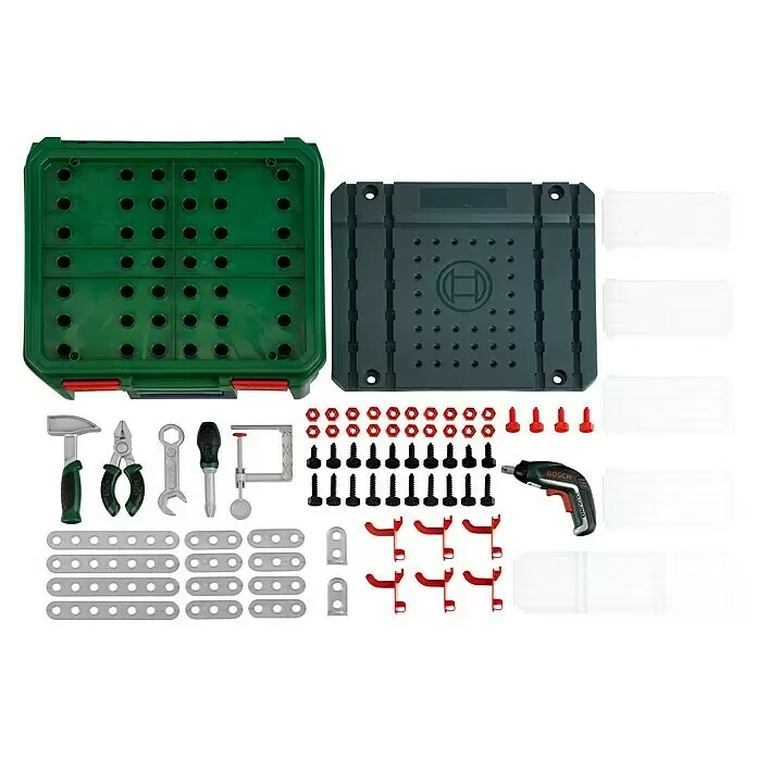 Klein Bosch Kinder-Werkbankkoffer Ixolino II - L x B x H: 360 x 385 x 430 mm - Spielzeug-Baukasten mit grünem Kasten, grauer Bosch-Platte, Plastikwerkzeugen, schwarzen Schrauben, roten Muttern, Verbindungsstücken und Spielzeugbohrer.