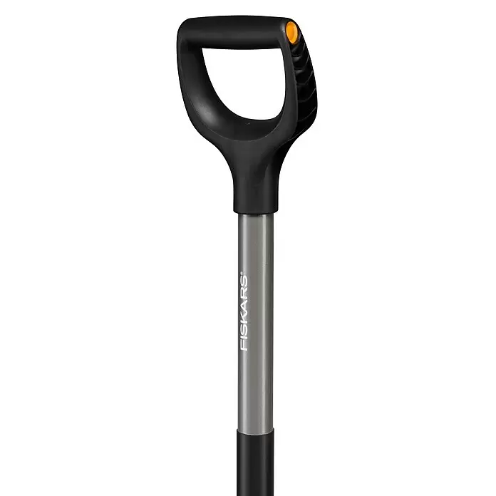 Fiskars Ergonomic Gärtnerspaten - Rund, 1,25 m - Oberer Teil einer Schaufel: schwarzer D-Griff mit orangefarbenem Akzent und grauer Schaft mit FISKARS-Logo.