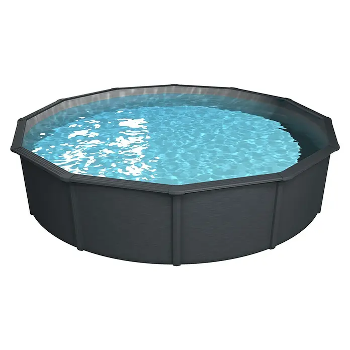 Steinbach Stahlwand-Pool Nuovo de Luxe II - Ø x H: 550 x 120 cm, Grau/Grau, 25.600 l - Achteckiger oberirdischer Pool gefüllt mit blauem Wasser. Ideal zum Entspannen und Spaß haben im Garten.