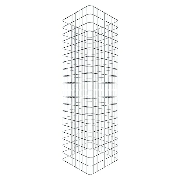 Gabiona Gabionensäule - 42 x 42 x 100 cm, Stahl, Maschenbreite: 50 mm, Maschenhöhe: 50 mm - Ansicht eines dreidimensionalen Metallgitters, das ein rechteckiges Prisma bildet, mit einer silberfarbenen Oberfläche und regelmäßigen quadratischen Öffnungen.