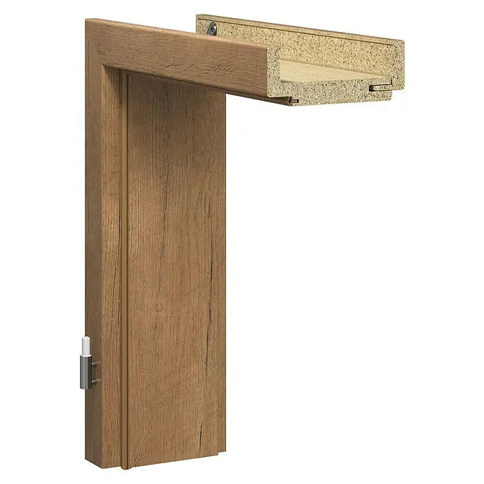 GetaDoor Laminit Türzarge GLQ 335 - 860 x 1.985 mm, Wandstärke: 145 mm, DIN Anschlag: Links, Eiche Ferox - Holzfarbener Türrahmen mit Details zu Beschaffenheit und Konstruktion, die Qualität und Design vereinen.