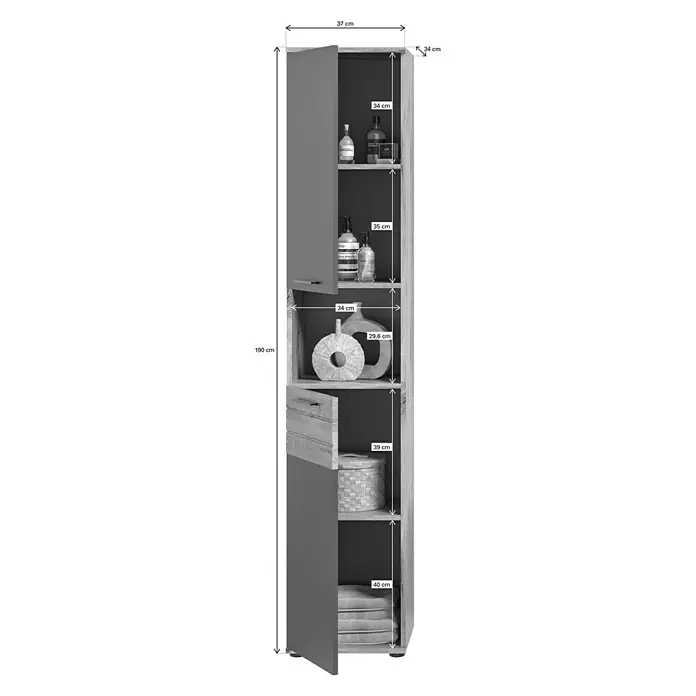 xonox.home Mason Hochschrank Mason - 37 x 34 x 190 cm - Produktansicht eines Badezimmerschranks in voller Höhe mit Größenangaben, der Stauraum und Organisation für Badezimmerutensilien bietet.
