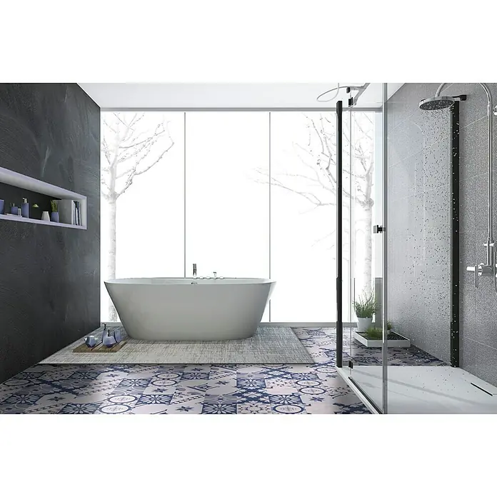 Cenefa para baldosas Hidráulica - 20 x 20 cm, Lila - Imagen de un baño con bañera exenta, ducha con mampara de cristal y azulejos estampados.