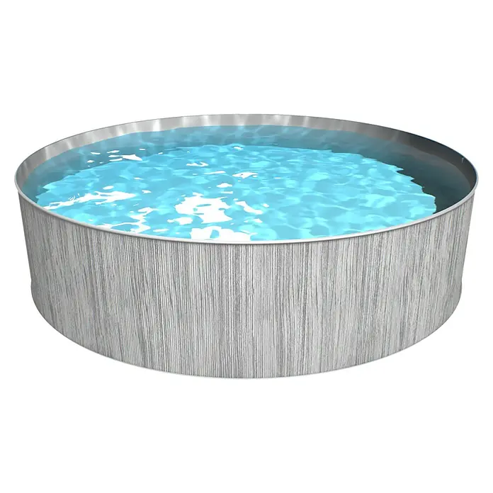 Steinbach Stahlwand-Pool New Splasher Secure - Ø x H: 350 x 90 cm, Grau/Grau, 7.800 l - Nahaufnahme eines runden, mit blauem Wasser gefüllten Pools mit silberner Umrandung und holzähnlicher Außenverkleidung.