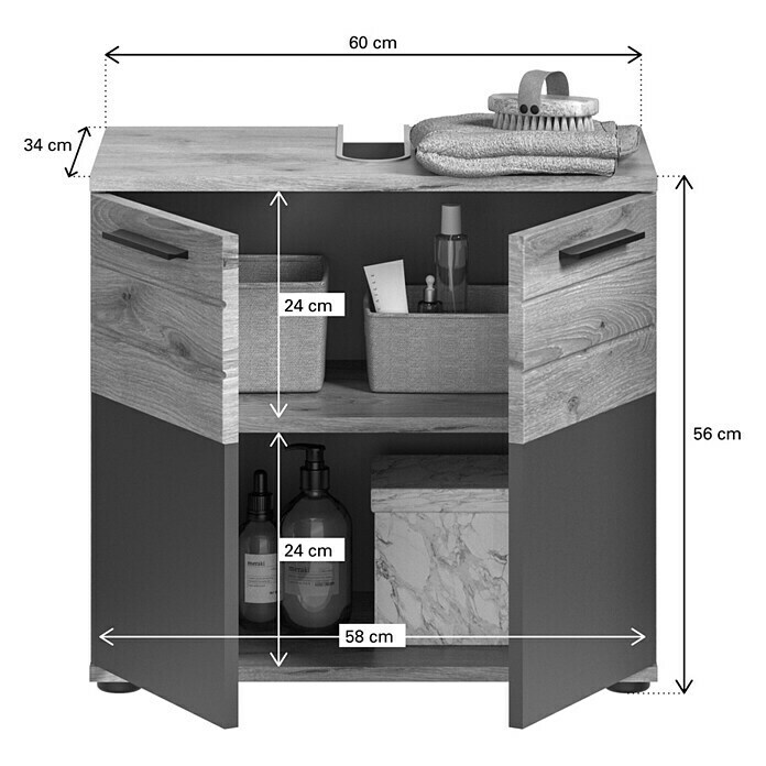 xonox.home Mason Waschtischunterschrank Mason (60 x 34 x 56 cm, Nox Oak/Basalt Grau, Matt) | BAUHAUS