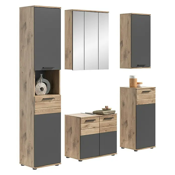 xonox.home Mason Badmöbel-Set Mason - 5 -tlg., Gesamtbreite Badmöbel: 164 cm, Nox Oak/Basalt Grau, Matt, Ohne Beleuchtung - Möbelset mit Holzoptik und grauen Akzenten, bestehend aus Hochschrank, Spiegelschrank, Hängeschrank und Unterschrank für Badezimmer.
