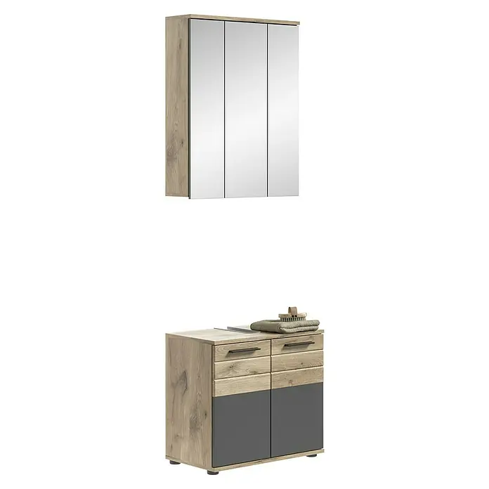 xonox.home Mason Badmöbel-Set Mason - 2 -tlg., Gesamtbreite Badmöbel: 60 cm, Nox Oak/Basalt Grau, Matt, Ohne Beleuchtung - Ein moderner Badezimmerschrank mit Spiegeltüren und passendem Unterschrank in Holzoptik und Grau. Praktisch und stilvoll.