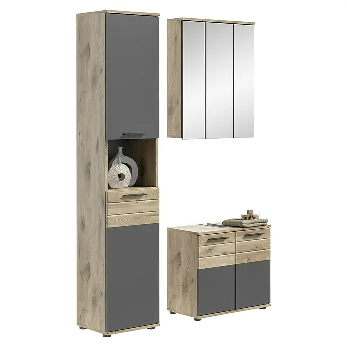 xonox.home Mason Badmöbel-Set Mason - 3 -tlg., Gesamtbreite Badmöbel: 112 cm, Nox Oak/Basalt Grau, Matt - Modernes Badezimmerset mit Hochschrank, Spiegelschrank und Unterschrank in Holzoptik und Grau.