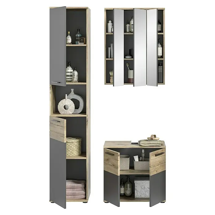 xonox.home Mason Badmöbel-Set Mason - 3 -tlg., Gesamtbreite Badmöbel: 112 cm, Nox Oak/Basalt Grau, Matt - Badezimmermöbel-Set mit einem Hochschrank, einem Spiegelschrank und einem Unterschrank in Holz- und Grautönen.