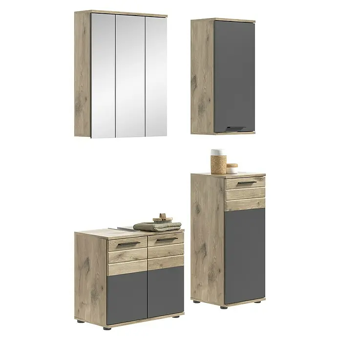 xonox.home Mason Badmöbel-Set Mason - 4 -tlg., Gesamtbreite Badmöbel: 112 cm, Nox Oak/Basalt Grau, Matt - Ein modernes Badezimmerset mit einem Spiegelschrank, einem Hängeschrank und zwei Unterschränken in Holzoptik mit grauen Akzenten.