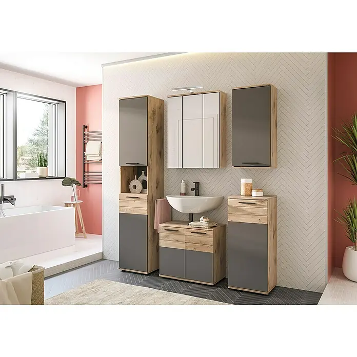 xonox.home Mason Badmöbel-Set Mason - 5 -tlg., Gesamtbreite Badmöbel: 164 cm, Nox Oak/Basalt Grau, Matt, Mit Beleuchtung - Modernes Badezimmer-Set mit Waschbecken, Spiegelschrank und Stauraumelementen in Holz- und Grautönen für ein stilvolles Ambiente.
