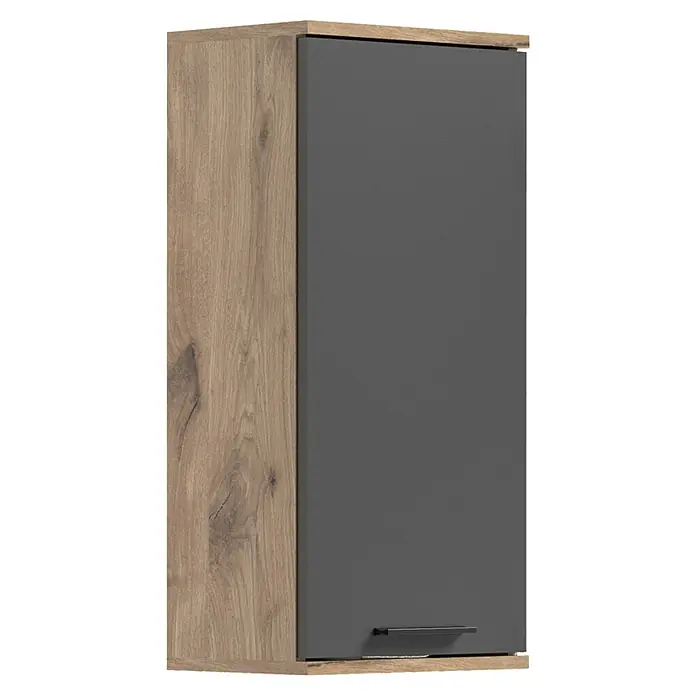 xonox.home Mason Hängeschrank Mason - 37 x 24 x 77 cm, Nox Oak/Basalt Grau - Hängeschrank mit einer Tür in Grau und einer Seite in Holzoptik. Der Schrank bietet praktischen Stauraum für verschiedene Gegenstände.