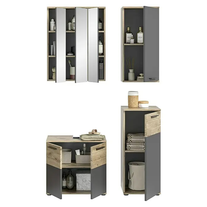 xonox.home Mason Badmöbel-Set Mason - 4 -tlg., Gesamtbreite Badmöbel: 112 cm, Nox Oak/Basalt Grau, Matt - Badezimmermöbel-Set mit Spiegelschrank, Hängeschrank und Unterschrank in Holz- und Grauoptik.