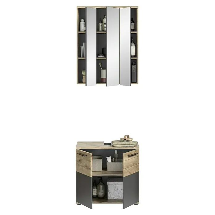 xonox.home Mason Badmöbel-Set Mason - 2 -tlg., Gesamtbreite Badmöbel: 60 cm, Nox Oak/Basalt Grau, Matt, Ohne Beleuchtung - Ein Badezimmerschrank-Set mit einem Spiegelschrank und einem Waschtischunterschrank bietet viel Stauraum für Badutensilien.