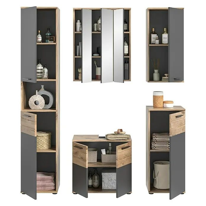xonox.home Mason Badmöbel-Set Mason - 5 -tlg., Gesamtbreite Badmöbel: 164 cm, Nox Oak/Basalt Grau, Matt, Ohne Beleuchtung - Das Bild zeigt ein modernes Badezimmermöbel-Set in Holz- und Grautönen, bestehend aus Hochschrank, Waschbeckenunterschrank und Spiegelschrank.