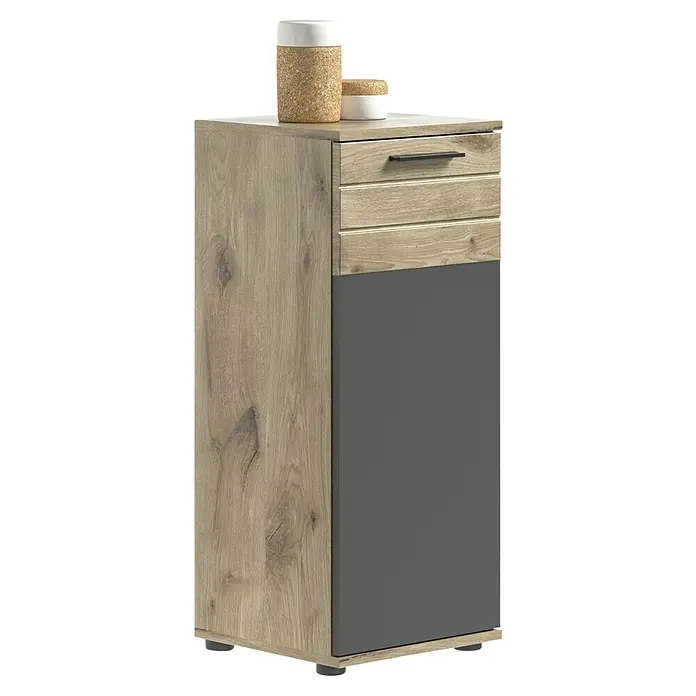 xonox.home Mason Unterschrank Mason - 37 x 34 x 87 cm, Nox Oak/Basalt Grau - Ein modernes Sideboard in Holzoptik mit grauen Akzenten. Das Möbelstück verfügt über Schubladen und Stauraum für ein stilvolles Ambiente.