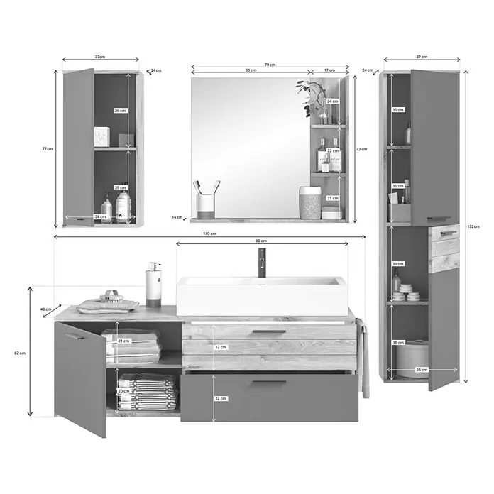xonox.home Mason Badmöbel-Set Mason - 5 -tlg., Gesamtbreite Badmöbel: 164 cm, Nox Oak/Basalt Grau, Matt, Mit Beleuchtung - Ein modernes Badezimmerset mit Waschtisch, Spiegelschrank und Hochschrank, alle in stilvollem Grau und Holzoptik, bietet viel Stauraum.