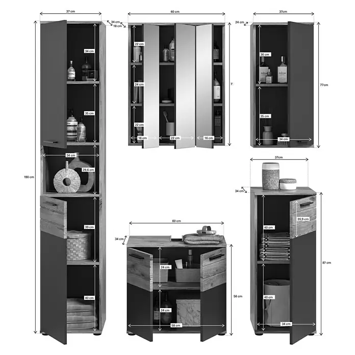 xonox.home Mason Badmöbel-Set Mason - 5 -tlg., Gesamtbreite Badmöbel: 164 cm, Nox Oak/Basalt Grau, Matt, Ohne Beleuchtung - Bild von Badezimmermöbeln mit mehreren Schränken und Schubladen in verschiedenen Größen und Formen.