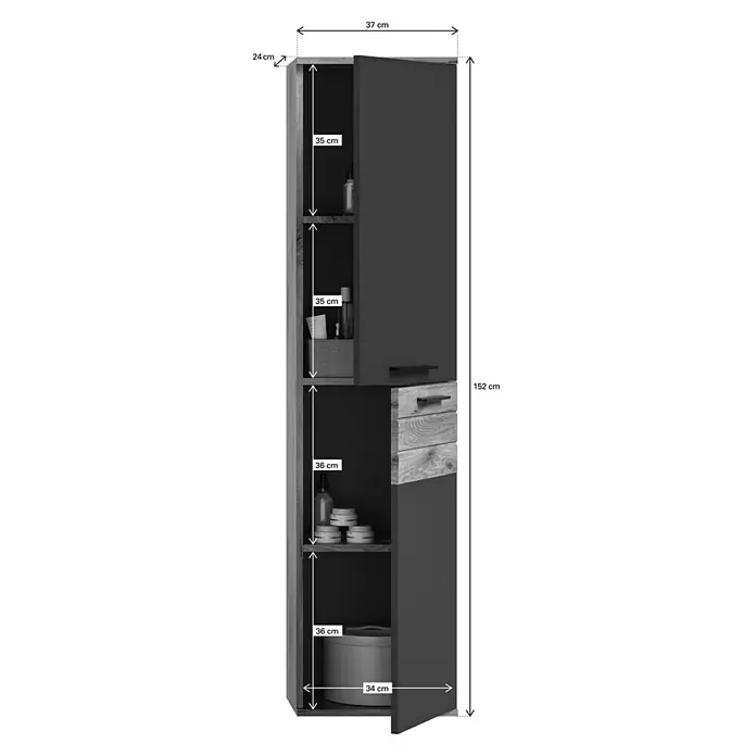 xonox.home Mason Hochschrank Mason - 37 x 24 x 152 cm - Abbildung eines Badezimmerschranks mit Regalen und Schubladen, Maße sind auf dem Bild angegeben.
