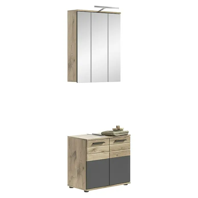xonox.home Mason Badmöbel-Set Mason - 2 -tlg., Gesamtbreite Badmöbel: 60 cm, Nox Oak/Basalt Grau, Matt, Mit Beleuchtung - Moderner Badezimmerschrank mit Spiegeltüren und passendem Unterschrank in Holzoptik und Grau.