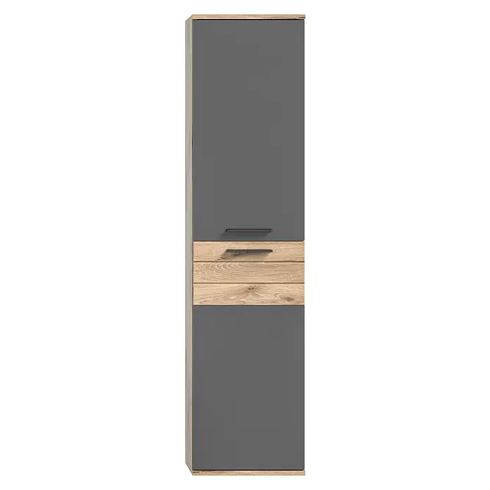 xonox.home Mason Hochschrank Mason - 37 x 24 x 152 cm - Ein schlanker Hochschrank in Grau mit Holzdetails, ideal für moderne Badezimmer oder Wohnbereiche. Praktisches Design trifft auf stilvolle Optik.