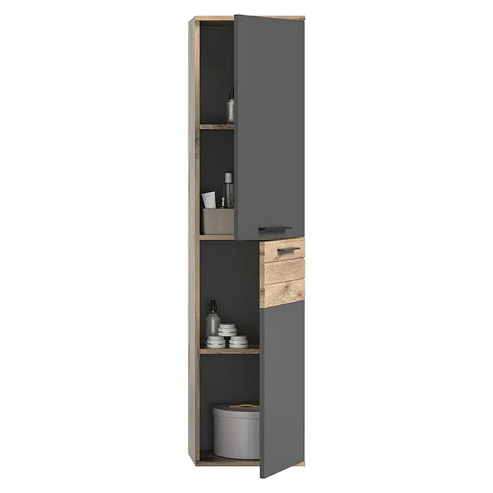 xonox.home Mason Hochschrank Mason - 37 x 24 x 152 cm - Grauer Hochschrank mit Holzdetails und offenen Regalen zur Aufbewahrung verschiedener Badartikel.